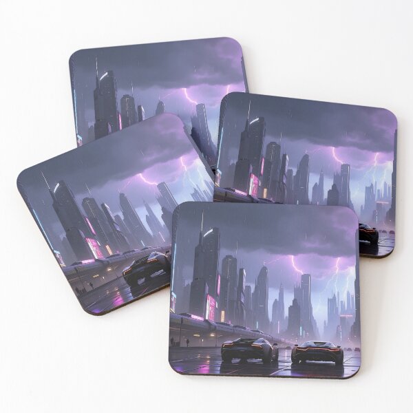 Item preview, Futuristic cityscape with neon lights under stormy sky. designed and sold by ArtComixHaven.