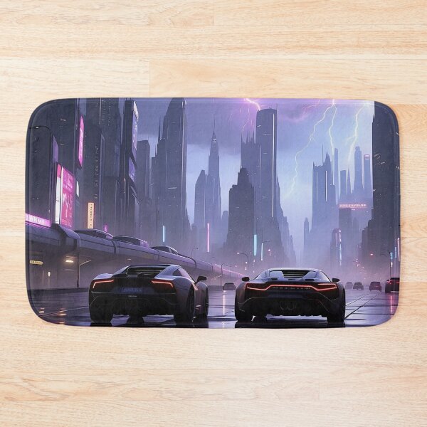 Item preview, Futuristic cityscape with neon lights under stormy sky. designed and sold by ArtComixHaven.