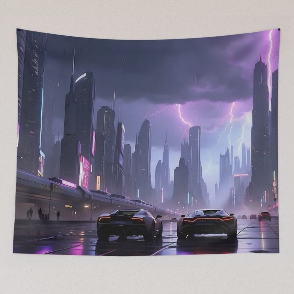Item preview, Futuristic cityscape with neon lights under stormy sky. designed and sold by ArtComixHaven.