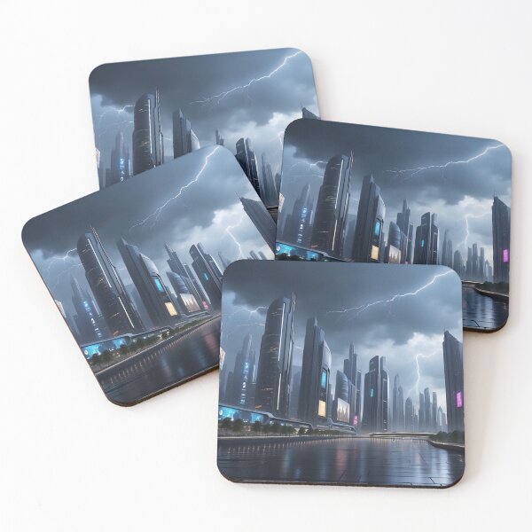 Item preview, Futuristic cityscape, stormy skies, lightning, illuminated buildings. designed and sold by ArtComixHaven.
