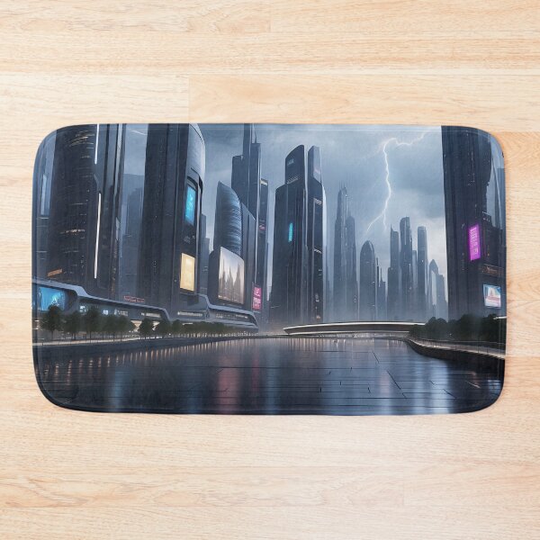 Item preview, Futuristic cityscape, stormy skies, lightning, illuminated buildings. designed and sold by ArtComixHaven.