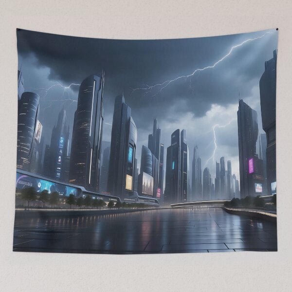 Item preview, Futuristic cityscape, stormy skies, lightning, illuminated buildings. designed and sold by ArtComixHaven.