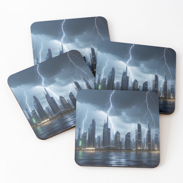 Item preview, Lightning illuminates dark cityscape, reflecting on wet ground. designed and sold by ArtComixHaven.