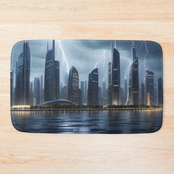Item preview, Lightning illuminates dark cityscape, reflecting on wet ground. designed and sold by ArtComixHaven.