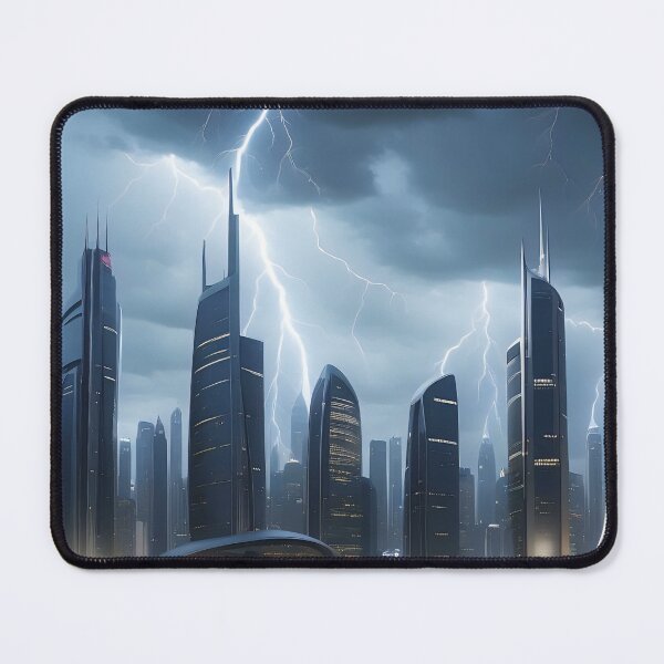 Item preview, Lightning illuminates dark cityscape, reflecting on wet ground. designed and sold by ArtComixHaven.