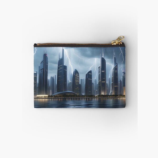 Item preview, Lightning illuminates dark cityscape, reflecting on wet ground. designed and sold by ArtComixHaven.