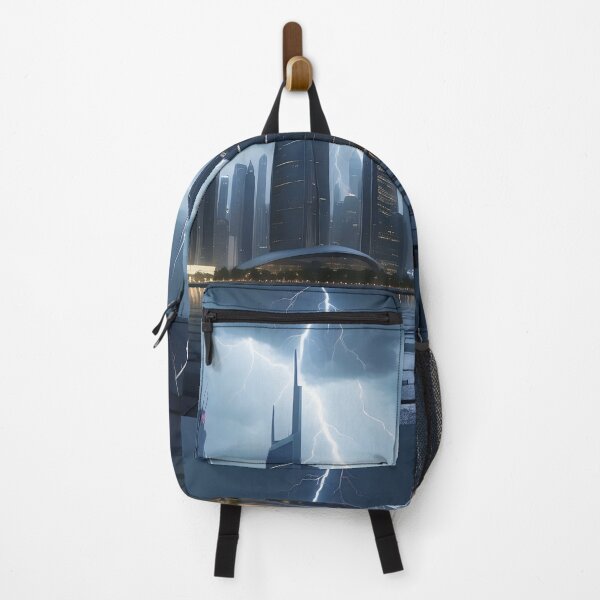 Item preview, Lightning illuminates dark cityscape, reflecting on wet ground. designed and sold by ArtComixHaven.