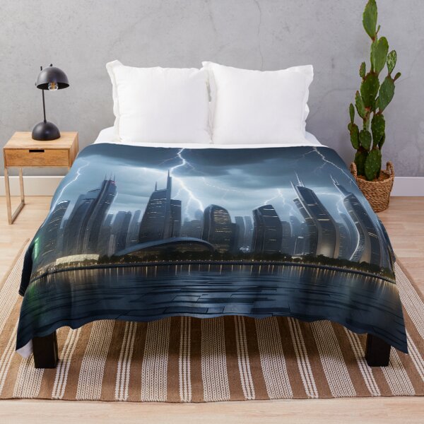 Item preview, Lightning illuminates dark cityscape, reflecting on wet ground. designed and sold by ArtComixHaven.