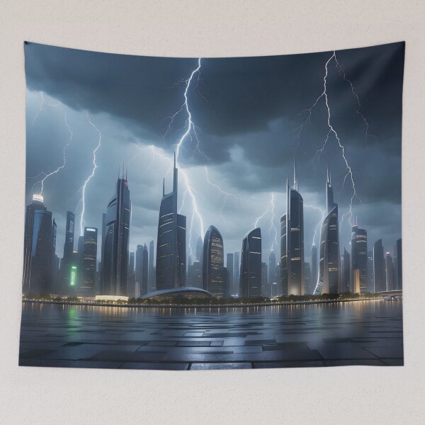Item preview, Lightning illuminates dark cityscape, reflecting on wet ground. designed and sold by ArtComixHaven.