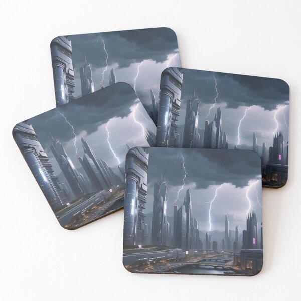 Item preview, Futuristic city, stormy weather, lightning, skyscrapers, advanced architecture designed and sold by ArtComixHaven.