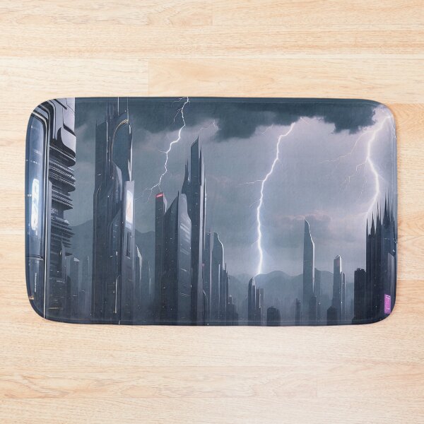 Item preview, Futuristic city, stormy weather, lightning, skyscrapers, advanced architecture designed and sold by ArtComixHaven.