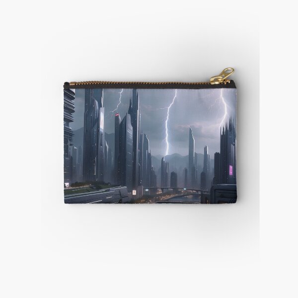 Item preview, Futuristic city, stormy weather, lightning, skyscrapers, advanced architecture designed and sold by ArtComixHaven.