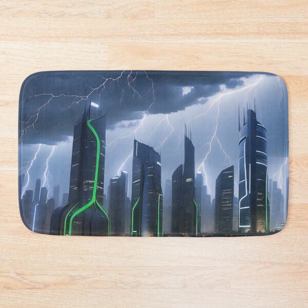 Item preview, Cityscape, lightning storm, illuminated skyscrapers, dark clouds. designed and sold by ArtComixHaven.