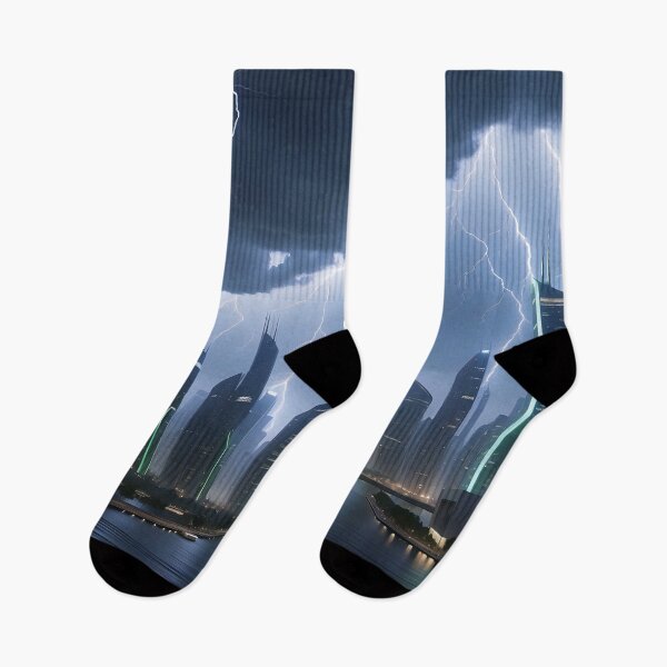 Item preview, Cityscape, lightning storm, illuminated skyscrapers, dark clouds. designed and sold by ArtComixHaven.