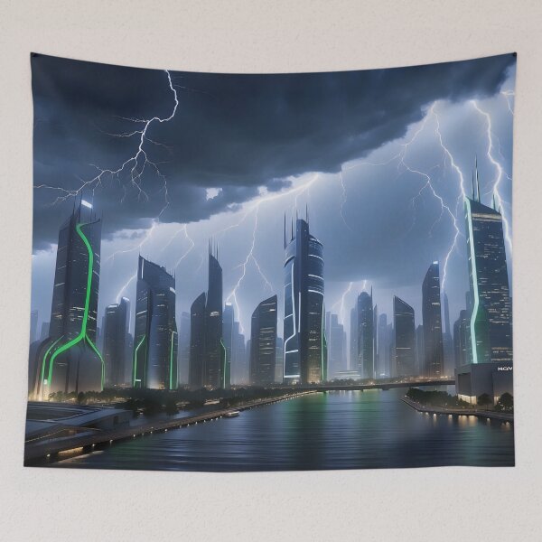 Item preview, Cityscape, lightning storm, illuminated skyscrapers, dark clouds. designed and sold by ArtComixHaven.