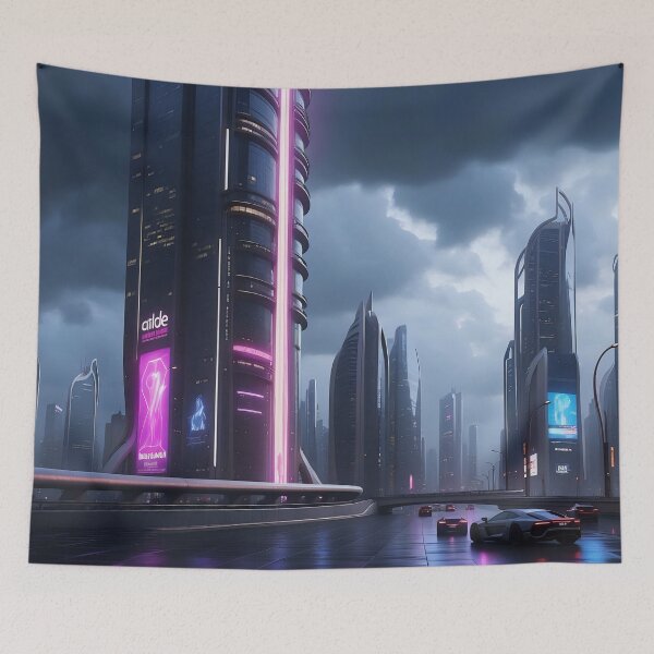 Item preview, Futuristic cityscape, neon lights, dark clouds, sleek cars designed and sold by ArtComixHaven.
