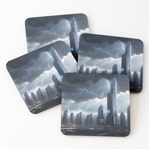 Item preview, Futuristic city, stormy sky, lightning, illuminated skyscrapers designed and sold by ArtComixHaven.