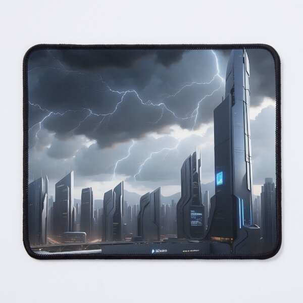 Item preview, Futuristic city, stormy sky, lightning, illuminated skyscrapers designed and sold by ArtComixHaven.