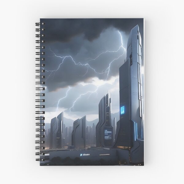 Item preview, Futuristic city, stormy sky, lightning, illuminated skyscrapers designed and sold by ArtComixHaven.