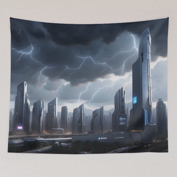 Item preview, Futuristic city, stormy sky, lightning, illuminated skyscrapers designed and sold by ArtComixHaven.