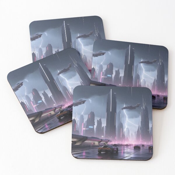Item preview, Futuristic cityscape, rain, flying ships, neon lights designed and sold by ArtComixHaven.