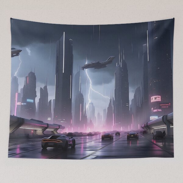 Item preview, Futuristic cityscape, rain, flying ships, neon lights designed and sold by ArtComixHaven.