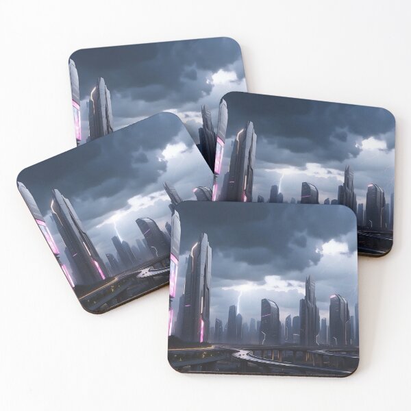 Item preview, Futuristic city, stormy sky, lightning, illuminated buildings designed and sold by ArtComixHaven.