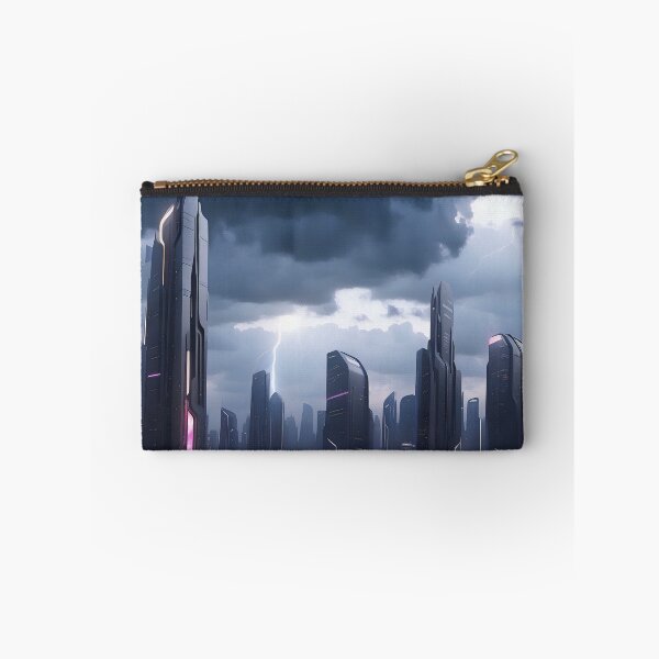 Item preview, Futuristic city, stormy sky, lightning, illuminated buildings designed and sold by ArtComixHaven.