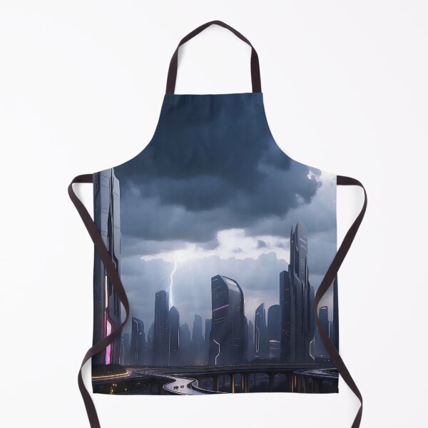 Item preview, Futuristic city, stormy sky, lightning, illuminated buildings designed and sold by ArtComixHaven.
