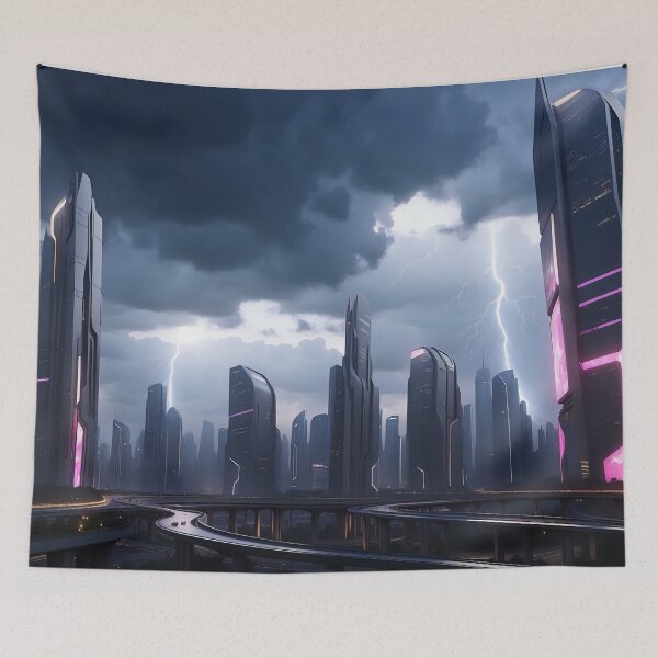 Item preview, Futuristic city, stormy sky, lightning, illuminated buildings designed and sold by ArtComixHaven.