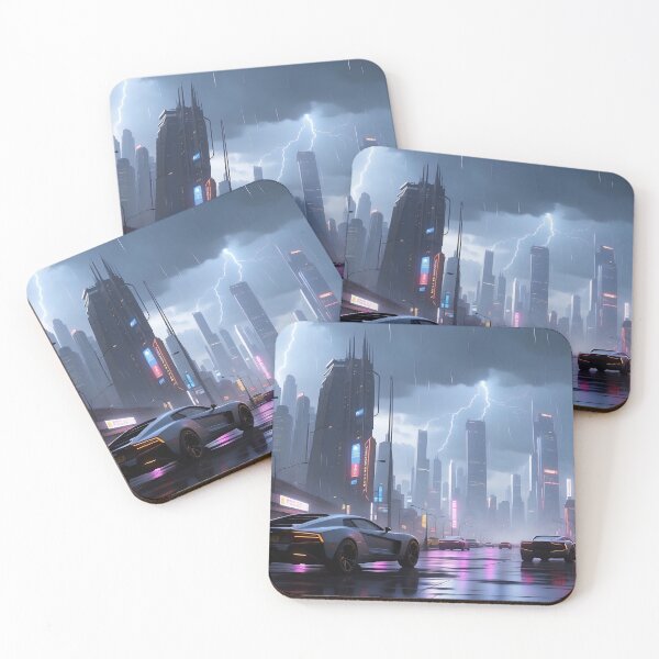 Item preview, Rainy cityscape, futuristic cars, neon lights, towering buildings designed and sold by ArtComixHaven.