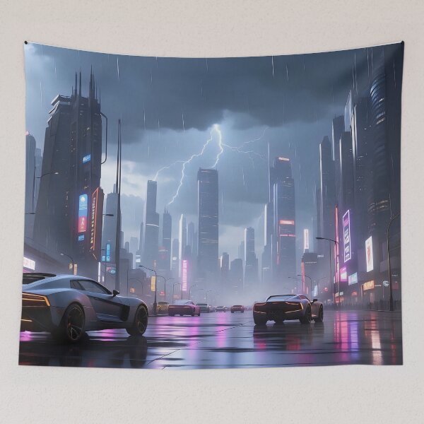 Item preview, Rainy cityscape, futuristic cars, neon lights, towering buildings designed and sold by ArtComixHaven.