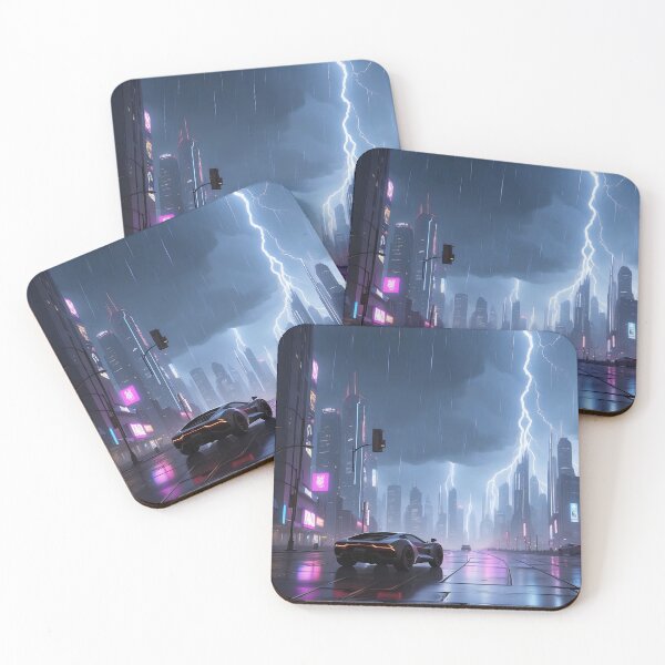 Item preview, Futuristic city, rainy night, lightning, car, illuminated billboards designed and sold by ArtComixHaven.