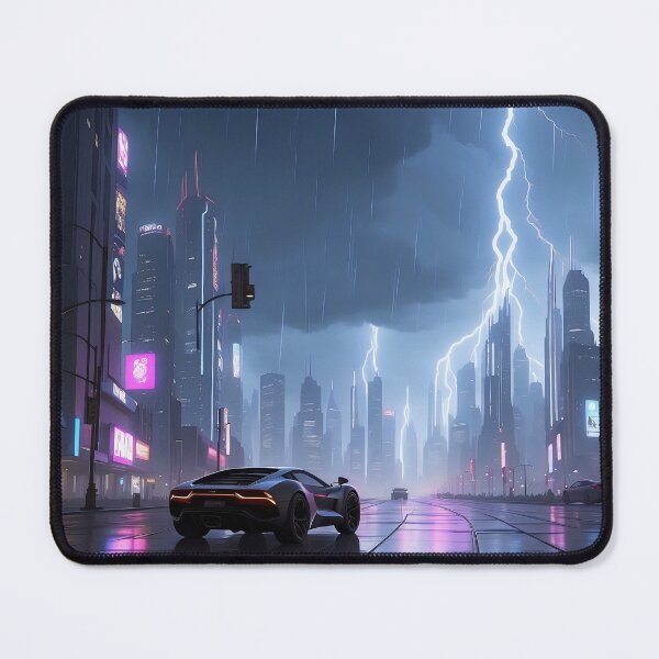 Item preview, Futuristic city, rainy night, lightning, car, illuminated billboards designed and sold by ArtComixHaven.