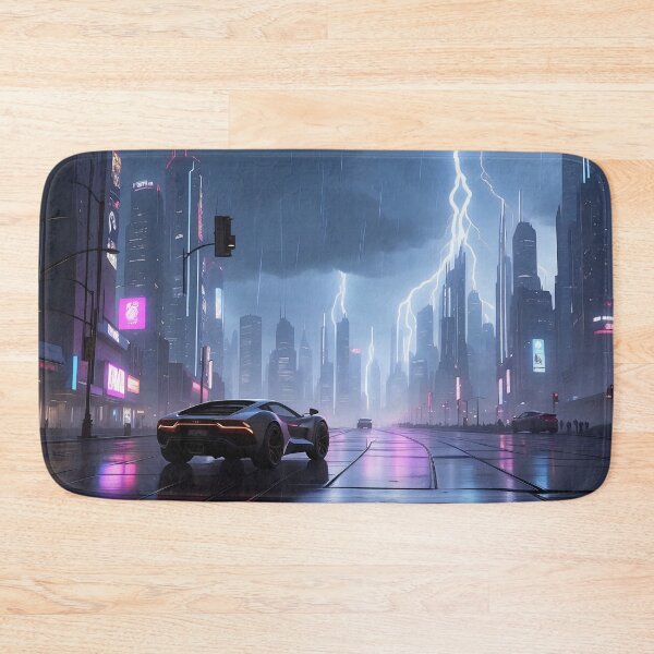 Item preview, Futuristic city, rainy night, lightning, car, illuminated billboards designed and sold by ArtComixHaven.
