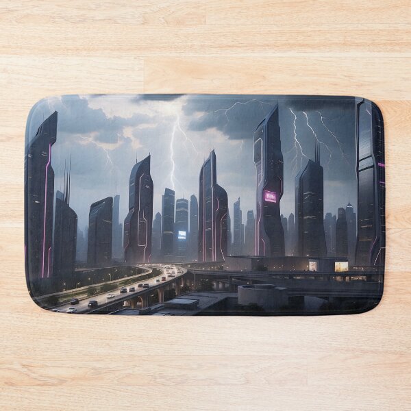 Item preview, Futuristic cityscape, stormy skies, lightning illuminates towering buildings. designed and sold by ArtComixHaven.