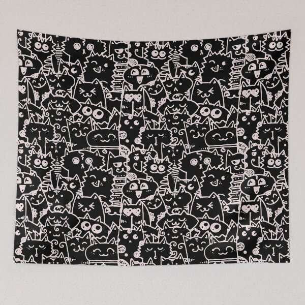 Item preview, Kittie kawaii doodle pattern - White lines against black background designed and sold by SpartanDStore.