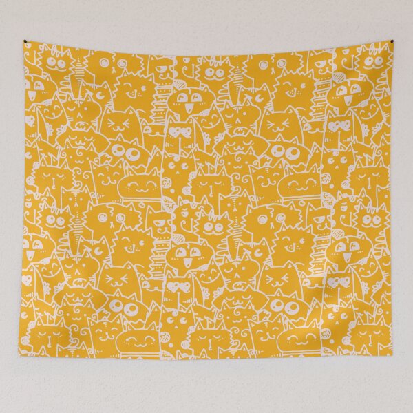 Item preview, Kittie kawaii doodle pattern - White lines against orange background designed and sold by SpartanDStore.