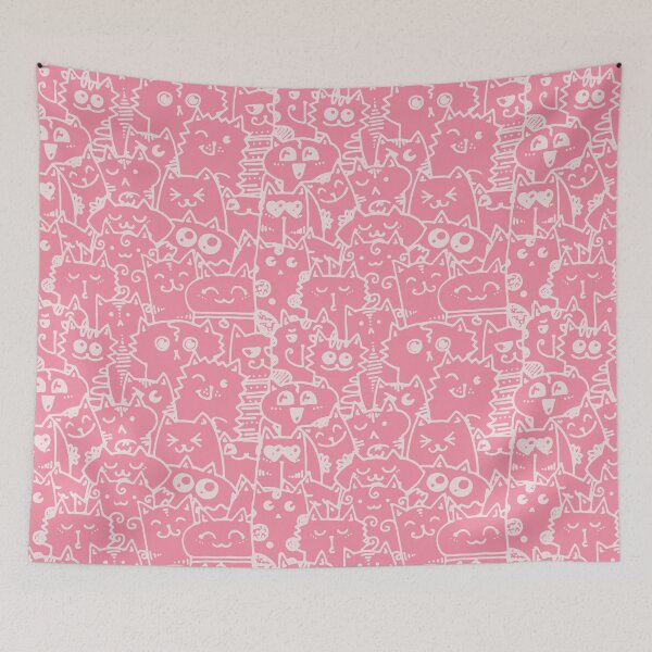 Item preview, Kittie kawaii doodle pattern - White lines against pink background designed and sold by SpartanDStore.