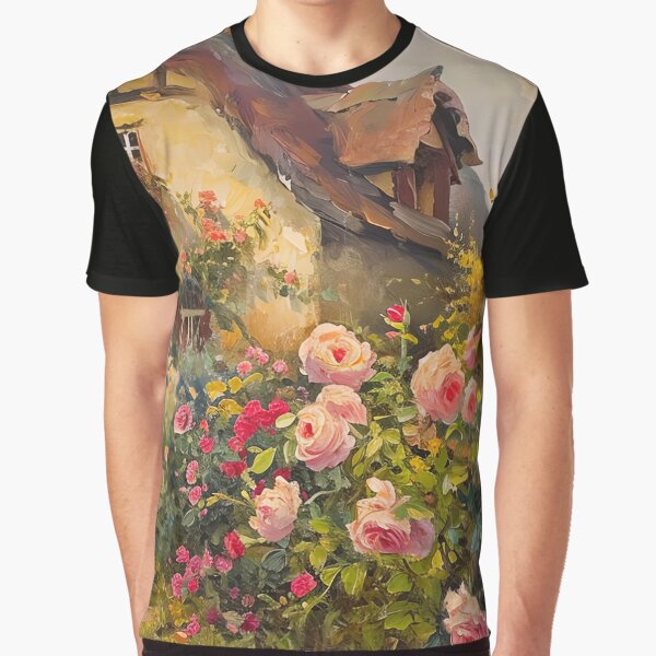 Vista previa del artículo con la obra «Cartel inspirado en la pintura al óleo del jardín de rosas de la cabaña del vintage, arte de la pared de la granja», diseñado y vendido por Peek-Designs.