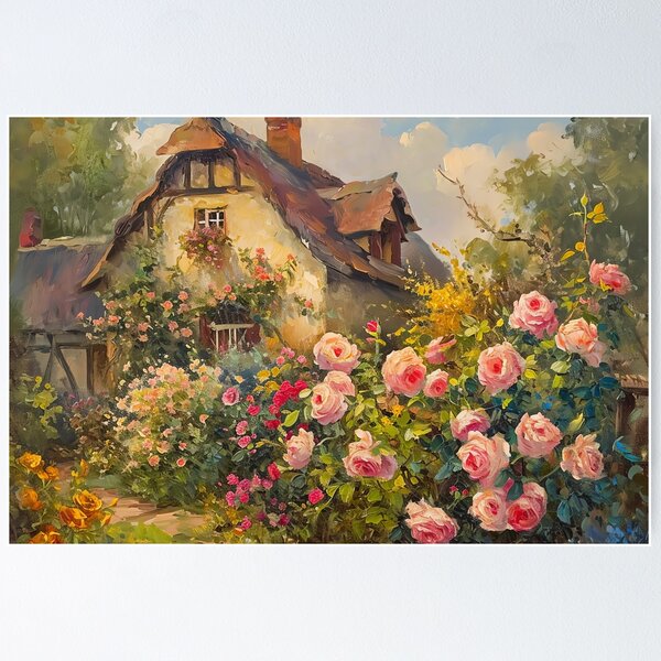 Vista previa del artículo con la obra «Cartel inspirado en la pintura al óleo del jardín de rosas de la cabaña del vintage, arte de la pared de la granja», diseñado y vendido por Peek-Designs.