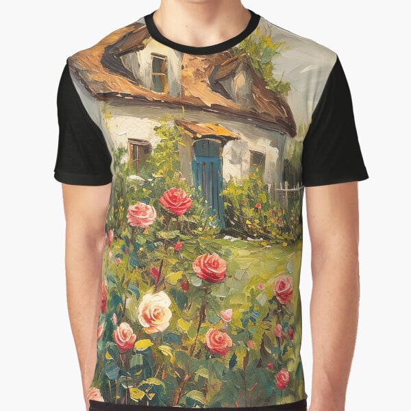 Vista previa del artículo con la obra «Cartel inspirado en la pintura al óleo del jardín de rosas de la cabaña del vintage, arte de la pared de la granja», diseñado y vendido por Peek-Designs.