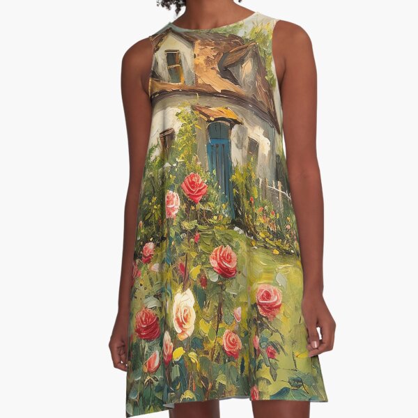 Vista previa del artículo con la obra «Cartel inspirado en la pintura al óleo del jardín de rosas de la cabaña del vintage, arte de la pared de la granja», diseñado y vendido por Peek-Designs.