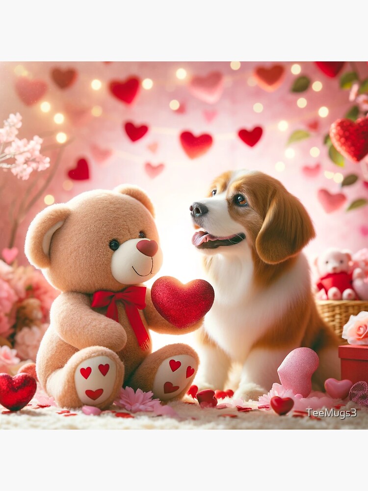 Thumbnail 3 of 3, Sticker, Embracing Hearts: A Teddy Bear's Valentine Gift to a Dog designed and sold by TeeMugs3.