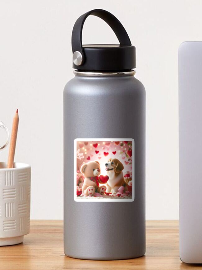Thumbnail 1 of 3, Sticker, Embracing Hearts: A Teddy Bear's Valentine Gift to a Dog designed and sold by TeeMugs3.
