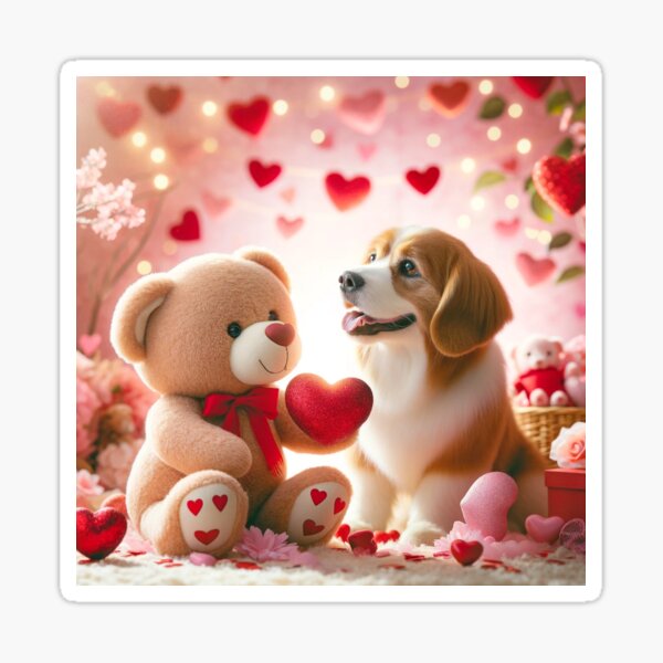 Embracing Hearts: A Teddy Bear's Valentine Gift to a Dog Sticker