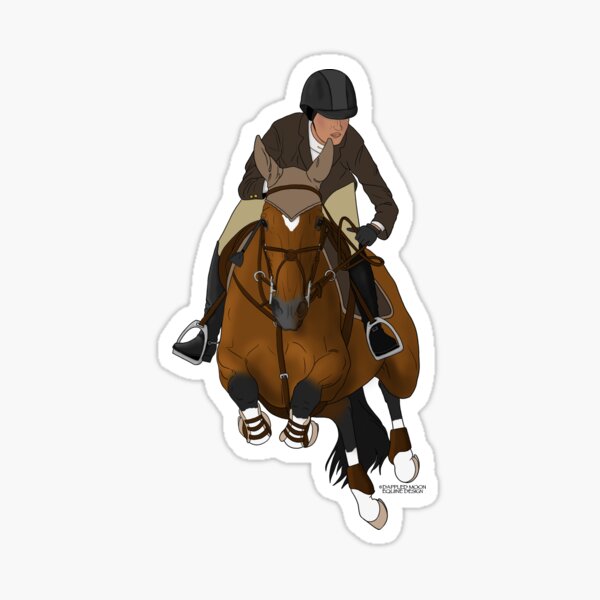 Aperçu de l'œuvre Cheval de saut bai avec cavalier en manteau marron créée et vendue par DappledMoon.