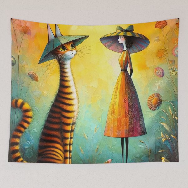 Item preview, Tiger Striped Long Cat Wearing A Hat Looking Lovingly At Her Female Companion   designed and sold by Vintage Hustle.