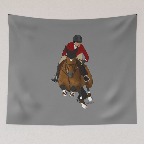 Item preview, Caballo de salto de bahía con jinete en abrigo rojo designed and sold by DappledMoon.