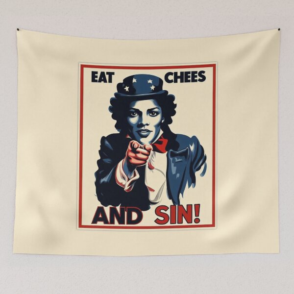 Item preview, Eat chees and sin: Woman in Cylinder Hat, Frak, '70s Vibes, Navy-Red-Beige Palette designed and sold by SplashTastic.